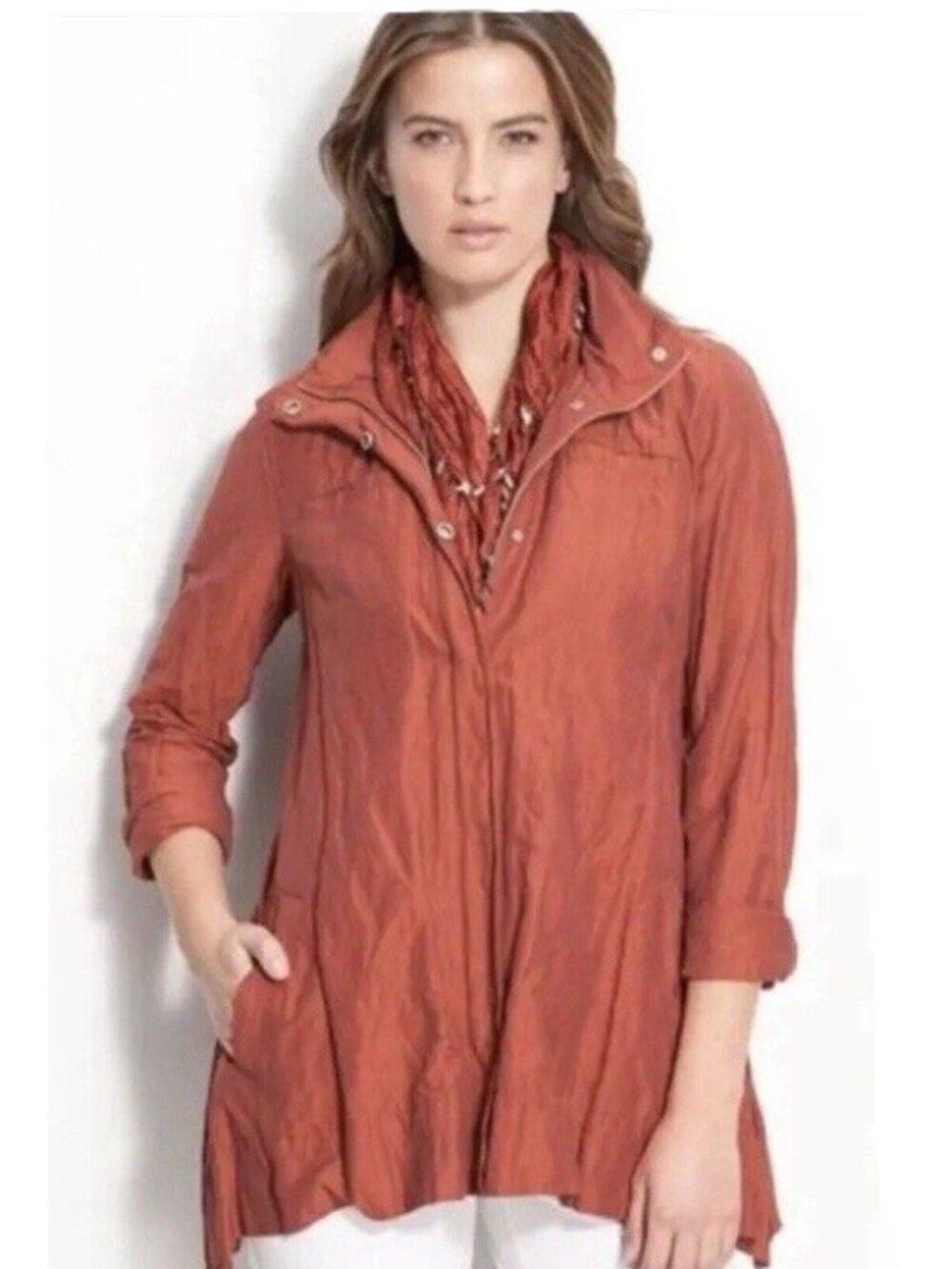 Eileen Fisher Lightweight Packable Jacket Rust Shade W/Hood Women's Size S